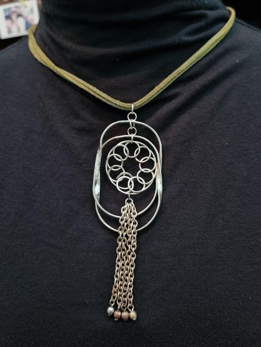 SLS Creation | Unique Silver And Green Boho Necklace With Large Pendant